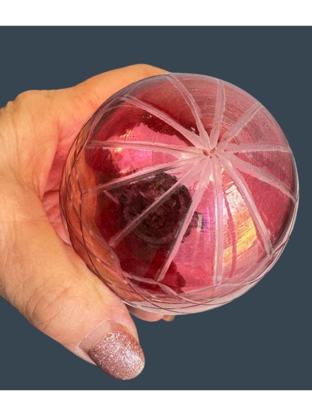 Pink Kugle Style Glass Ornament Heavy Glass Lattice Pattern Hanging Ball 4" - Picture 7 of 7